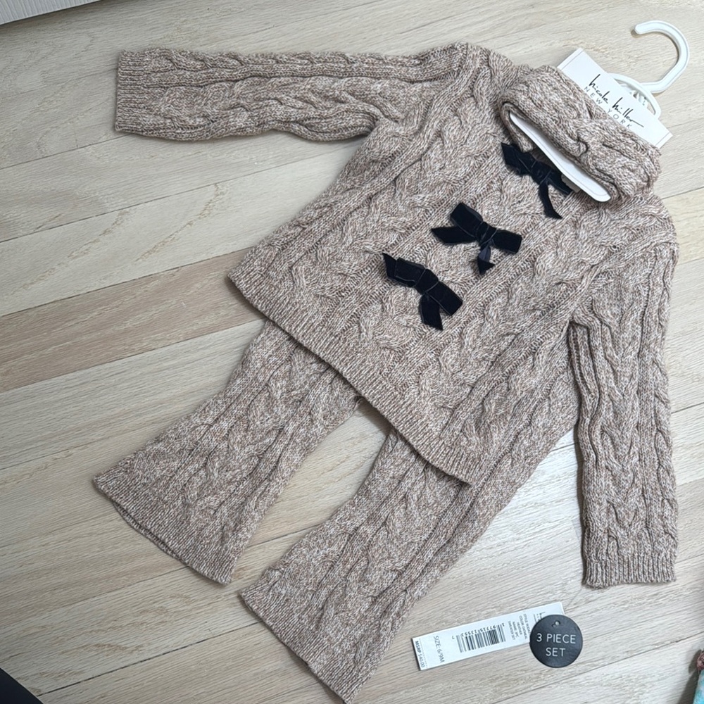 Tan Cable Knit Sweater Set with Bow Detail